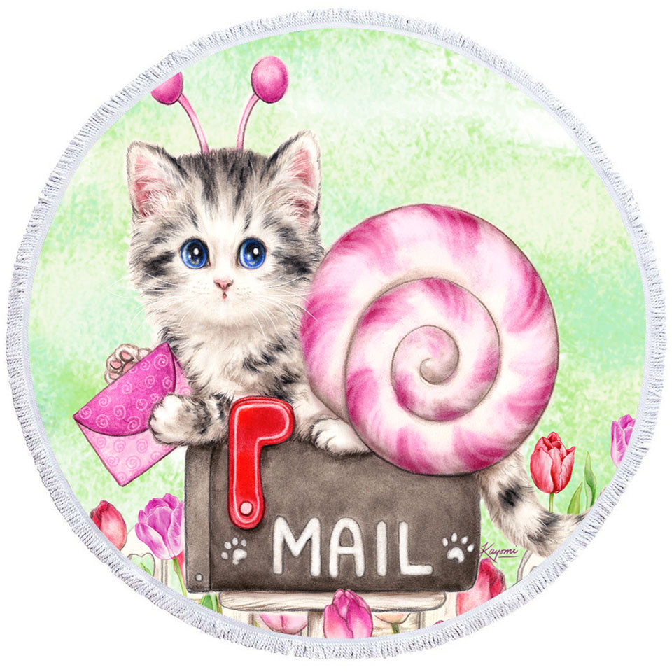 Lovely Art Drawings Snail Kitten and Tulips Round Beach Towel