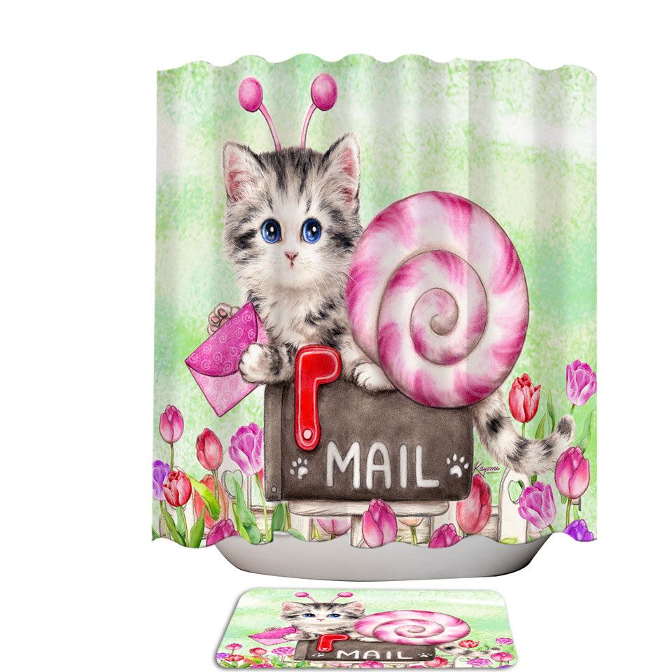Lovely Art Drawings Snail Kitten and Tulips Shower Curtain