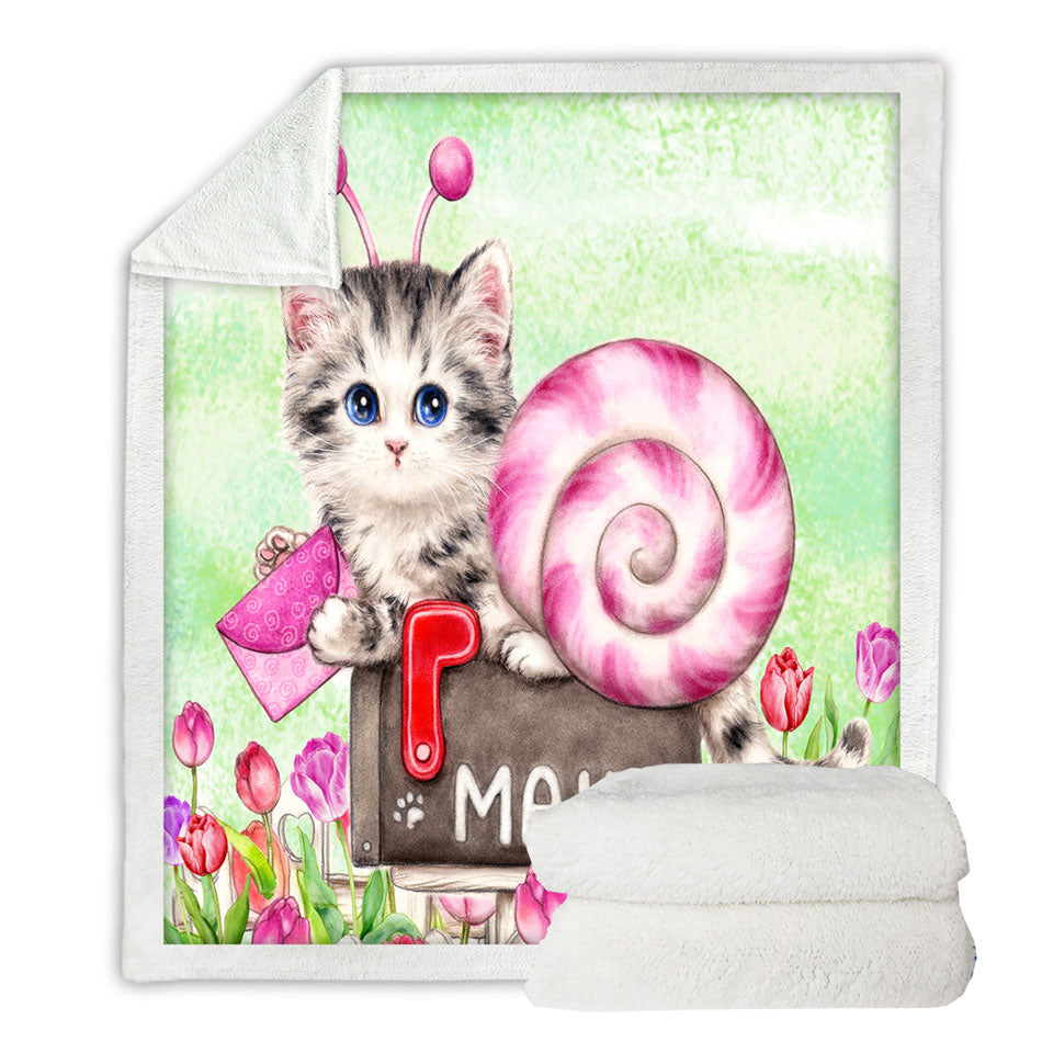 Lovely Art Drawings Snail Kitten and Tulips Throw Blanket