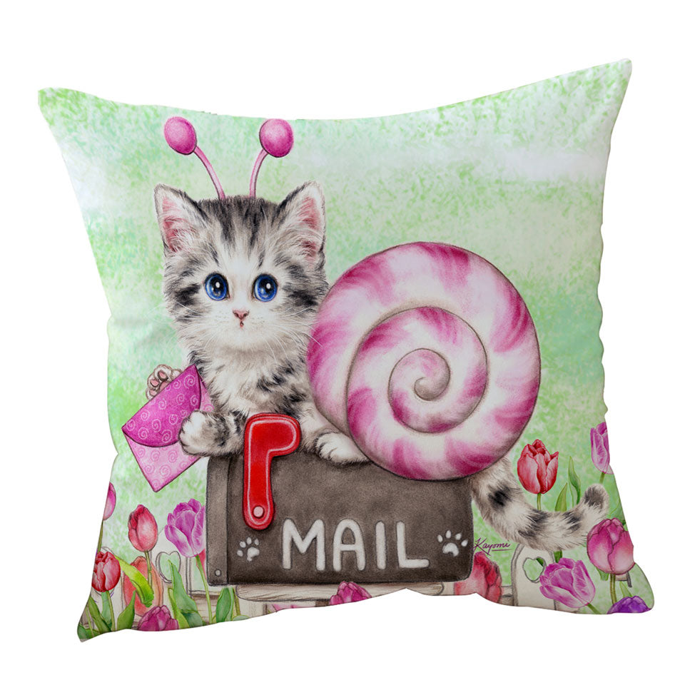 Lovely Art Drawings Snail Kitten and Tulips Throw Pillow
