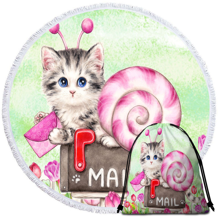 Lovely Art Drawings Snail Kitten and Tulips Unique Beach Towels