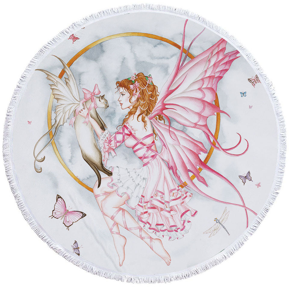 Lovely Beach Towels Fantasy Drawing Butterflies Cat and Fairy