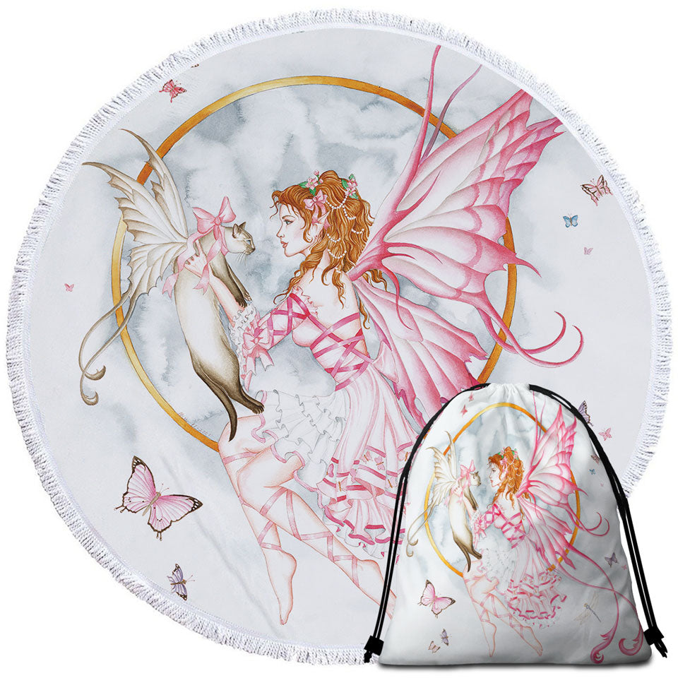 Lovely Round Beach Towel Fantasy Drawing Butterflies Cat and Fairy