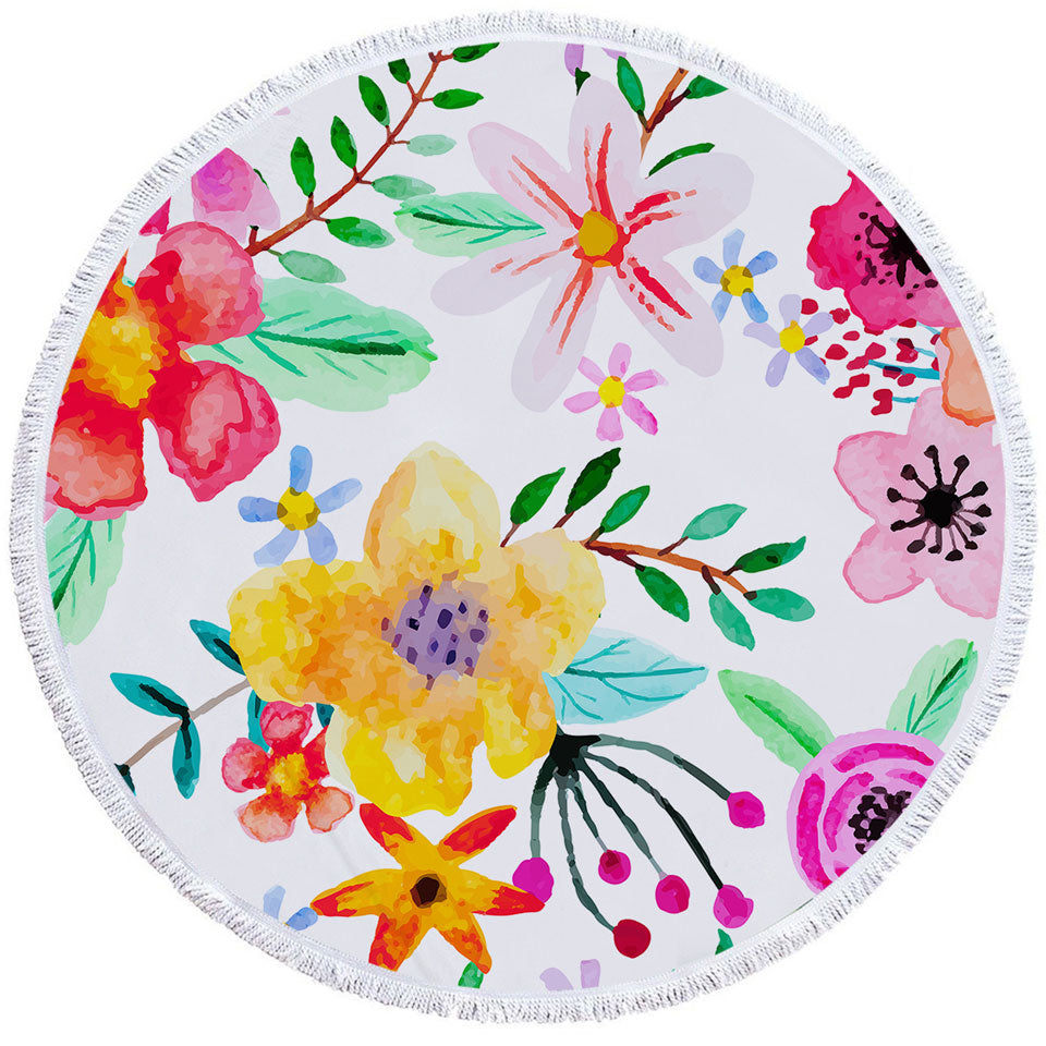 Lovely Round Beach Towel with Modest Painting Colorful Flowers