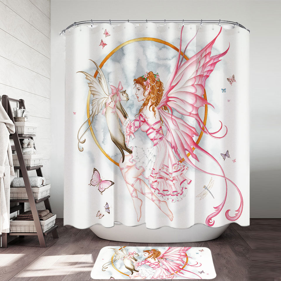 Lovely Shower Curtains Fantasy Drawing Butterflies Cat and Fairy
