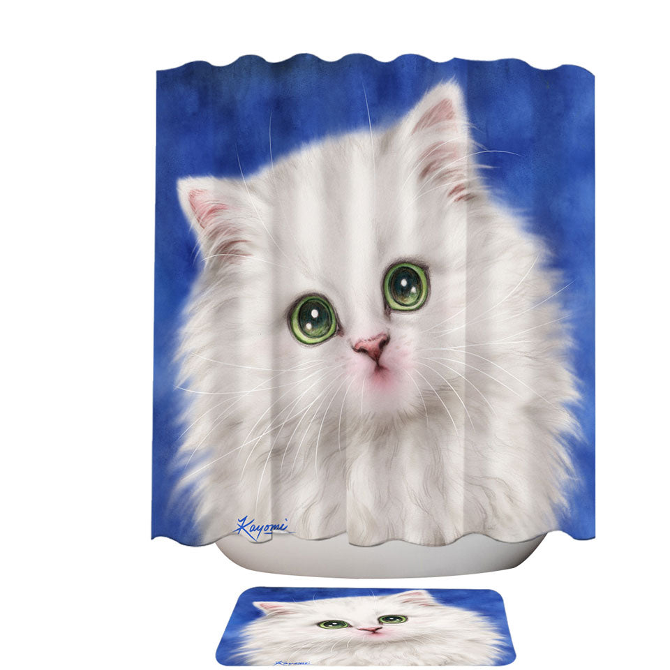 Lovely Shower Curtains Innocent Face White Fluffy Kitty Cat