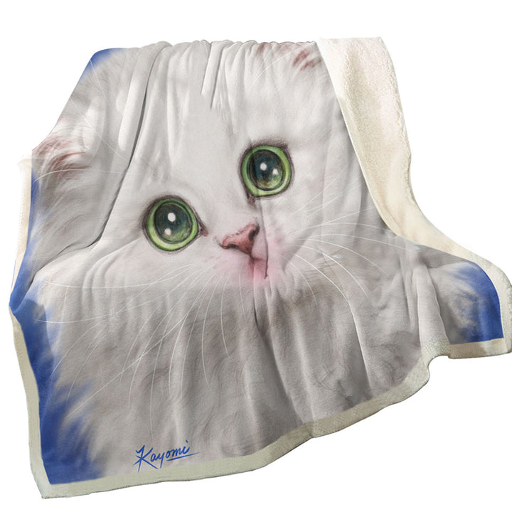 Lovely Throw Blanket Innocent Face White Fluffy Kitty Cat