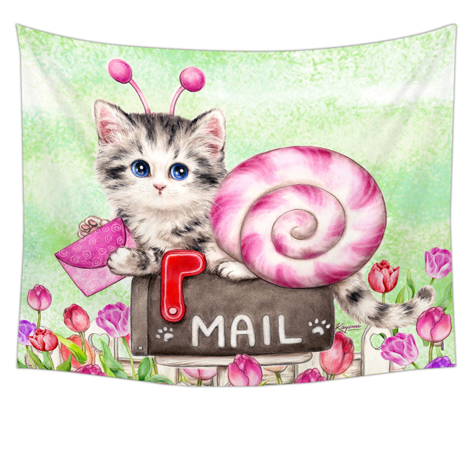 Lovely Wall Decor Art Drawings Snail Kitten and Tulips Tapestry