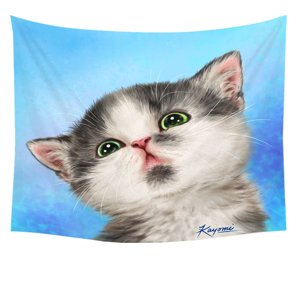 Lovely Wall Decor Tapestry Grey White Kitten for Children