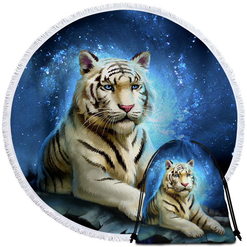 Lovely White Tiger Round Beach Towel and Beach Bags for Towel