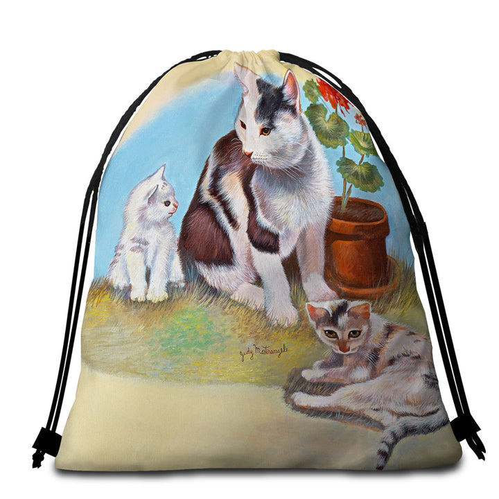 Lovey Cat Beach Bags and Towels Art Painting Momma Cat and Kittens
