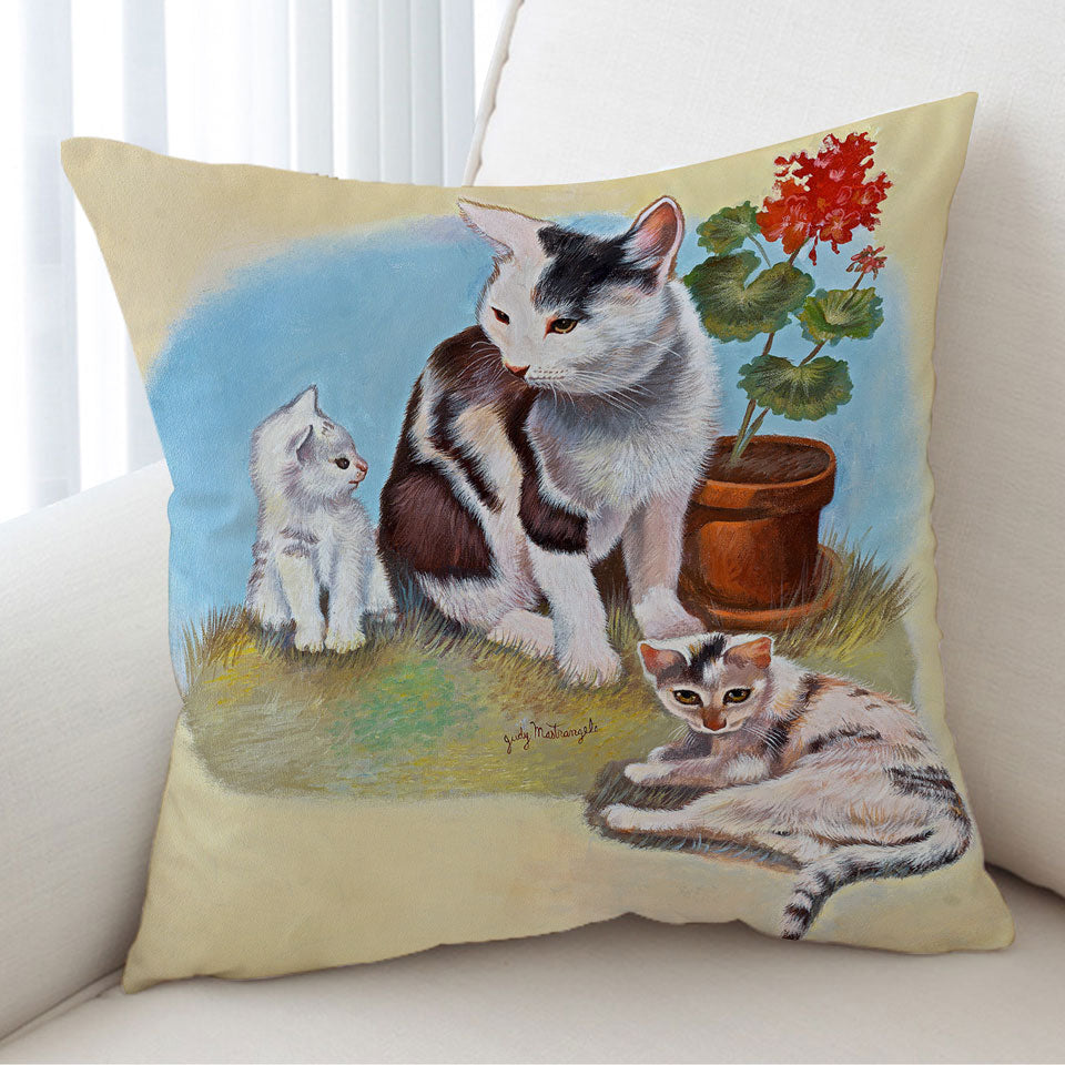Lovey Cat Cushion Covers Art Painting Momma Cat and Kittens