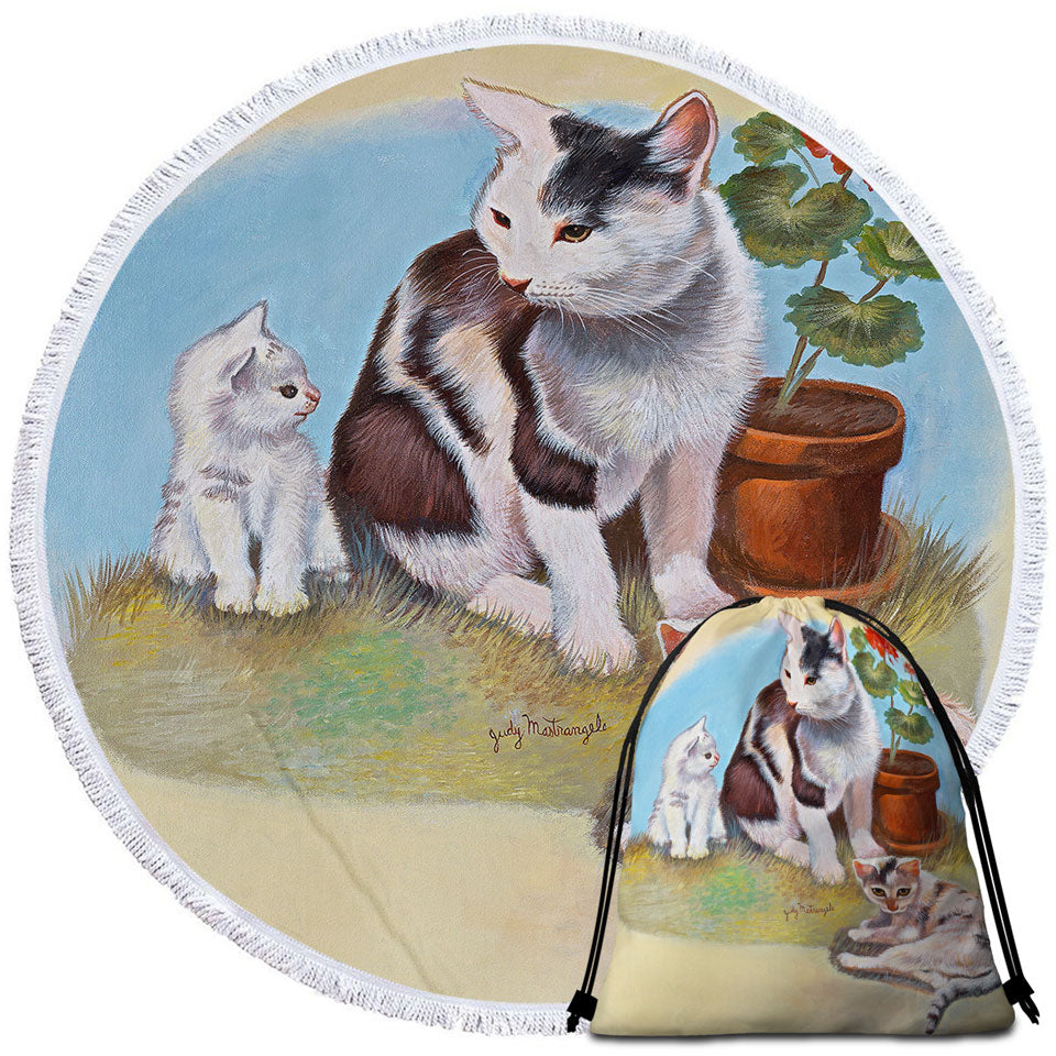 Lovey Cat Round Beach Towel Art Painting Momma Cat and Kittens