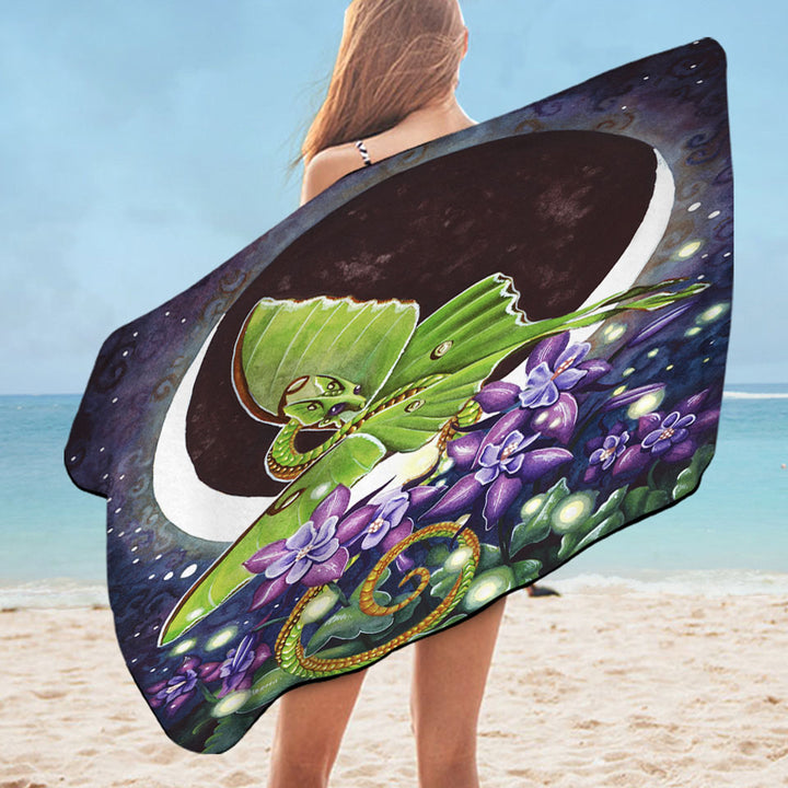 Luna Lights Dragon Flowers and the Moon Microfiber Beach Towel