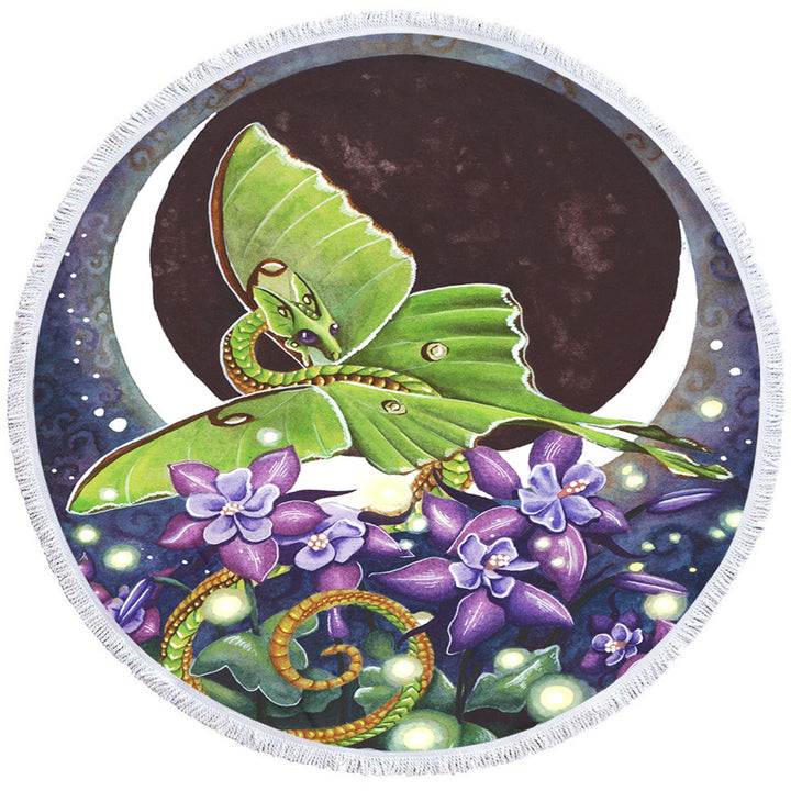 Luna Lights Dragon Flowers and the Moon Round Beach Towel