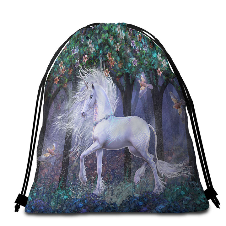 Magical Beach Bags and Towels White Unicorn and Birds Sacred Grove