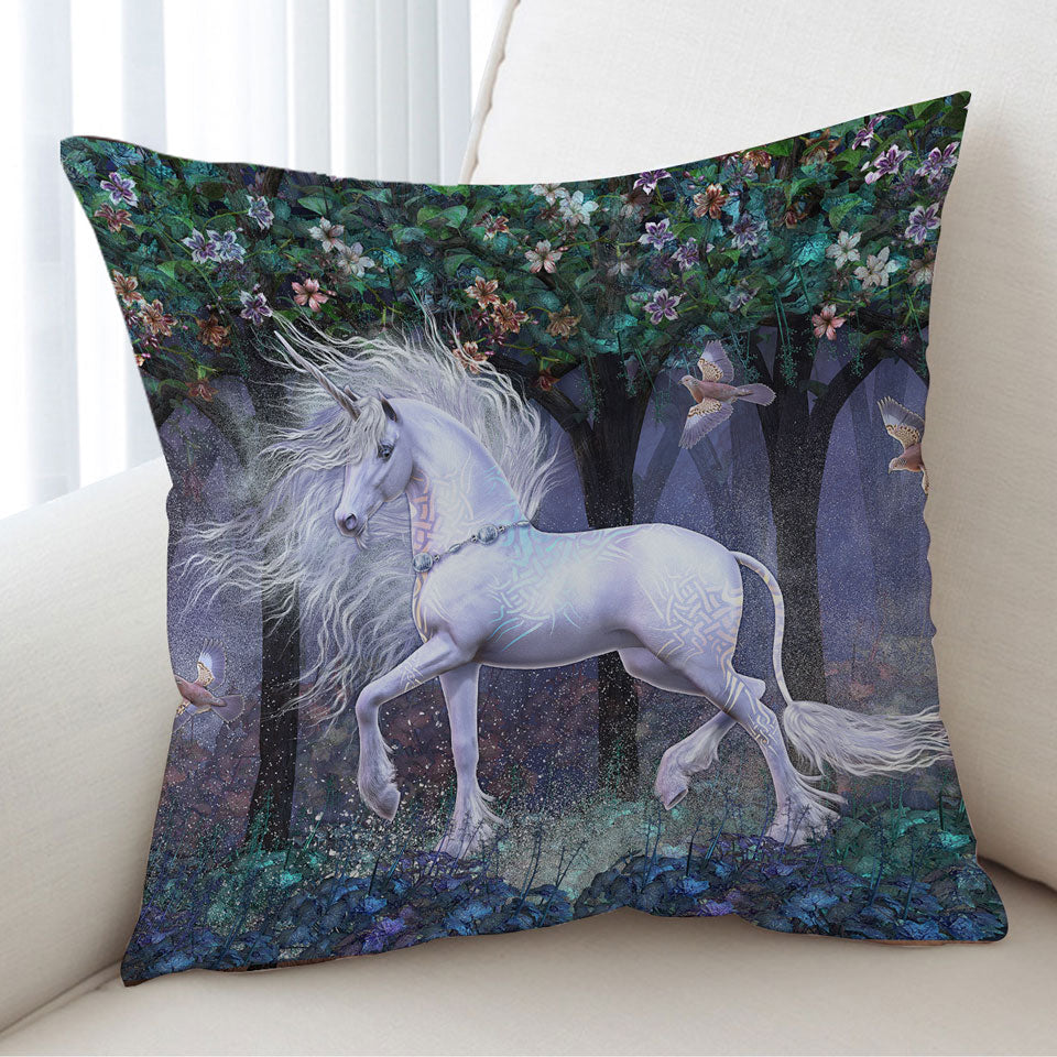 Magical Cushion Covers White Unicorn and Birds Sacred Grove