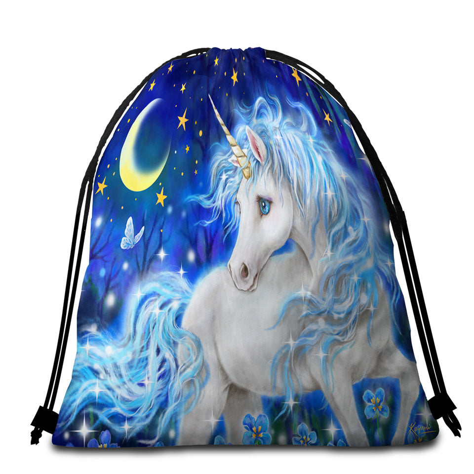 Magical Fantasy Designs Blue Night Unicorn Beach Towel Bags