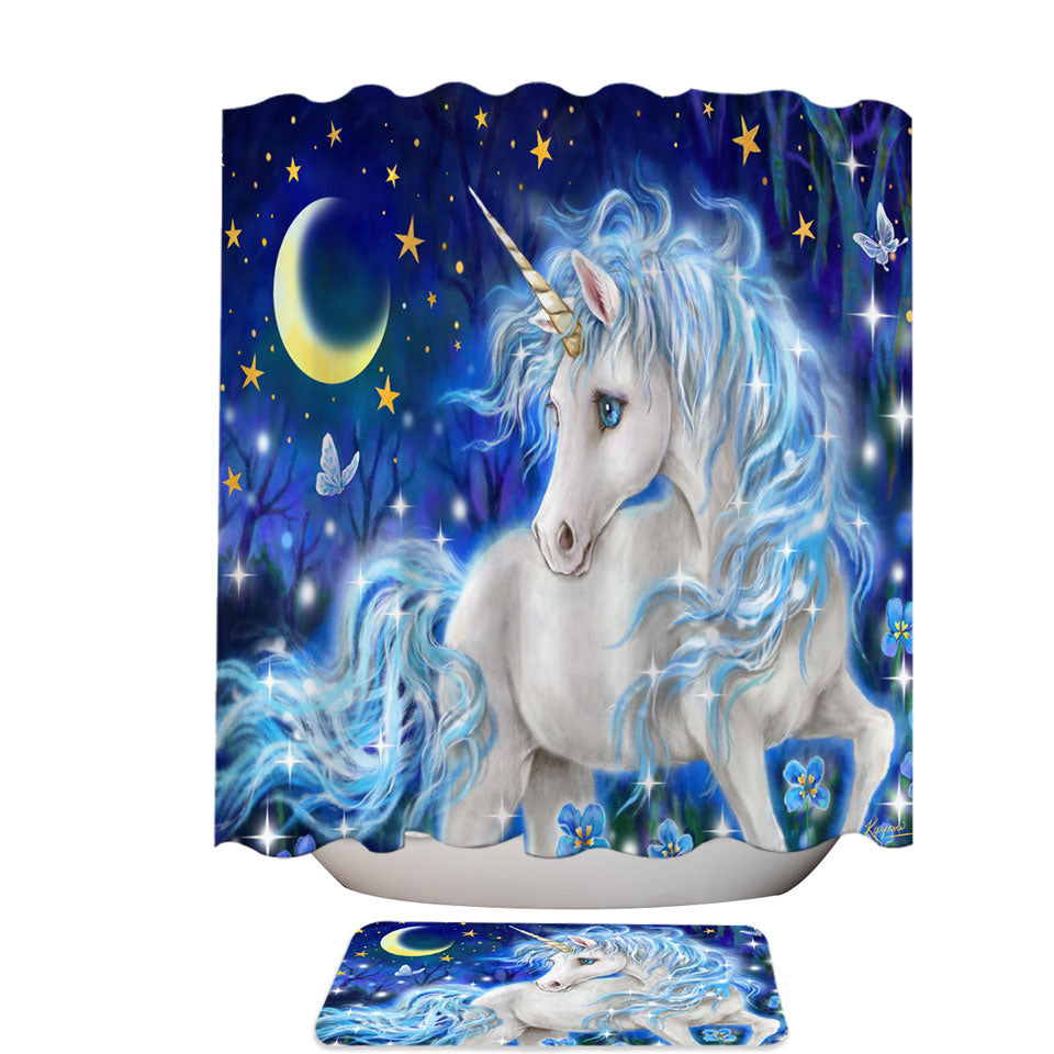 Magical Fantasy Designs Blue Night Unicorn Fabric Shower Curtain