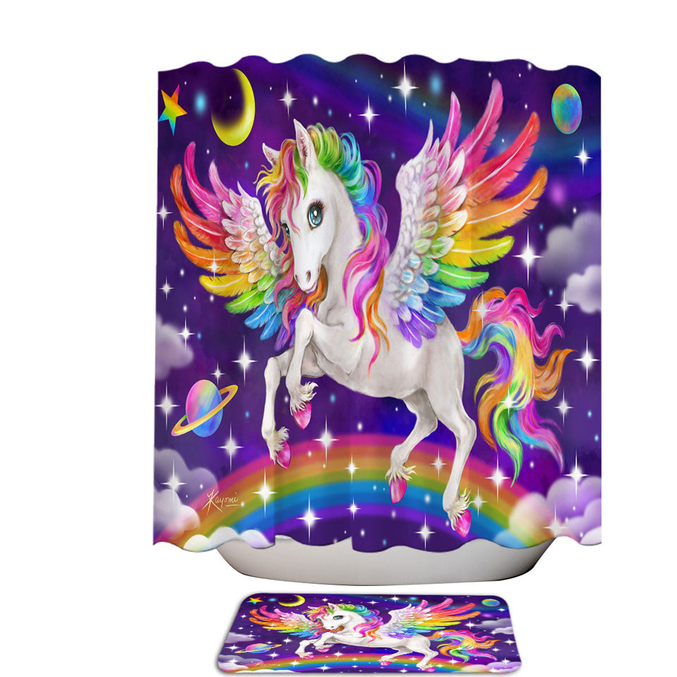 Magical Galaxy Space Colorful Rainbow Pegasus Shower Curtains