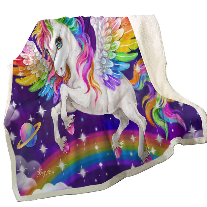 Magical Galaxy Space Colorful Rainbow Pegasus Throws