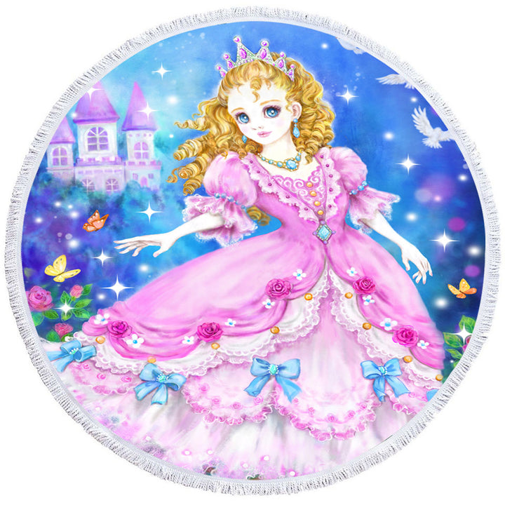 Magical Girly Round Beach Towel with Fairy Tale Pink Princess