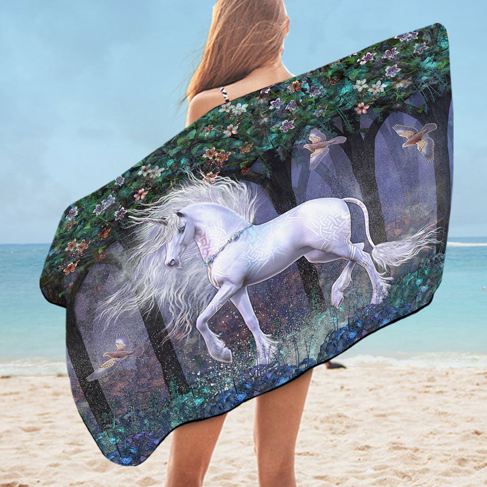 Magical Pool Towels White Unicorn and Birds Sacred Grove