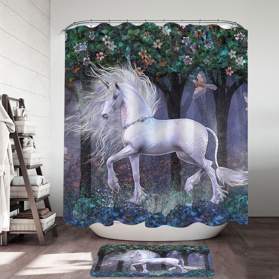 Magical Shower Curtain White Unicorn and Birds Sacred Grove