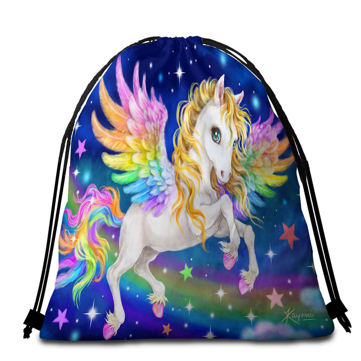 Magical Starry Night Colorful Rainbow Pegasus Beach Towel Bags