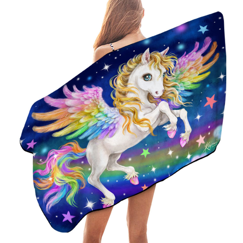 Magical Starry Night Colorful Rainbow Pegasus Beach Towels