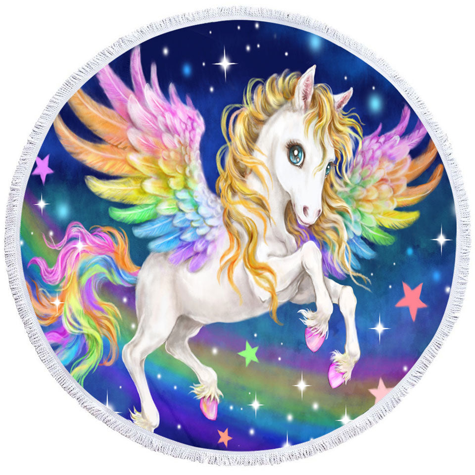 Magical Starry Night Colorful Rainbow Pegasus Circle Beach Towel