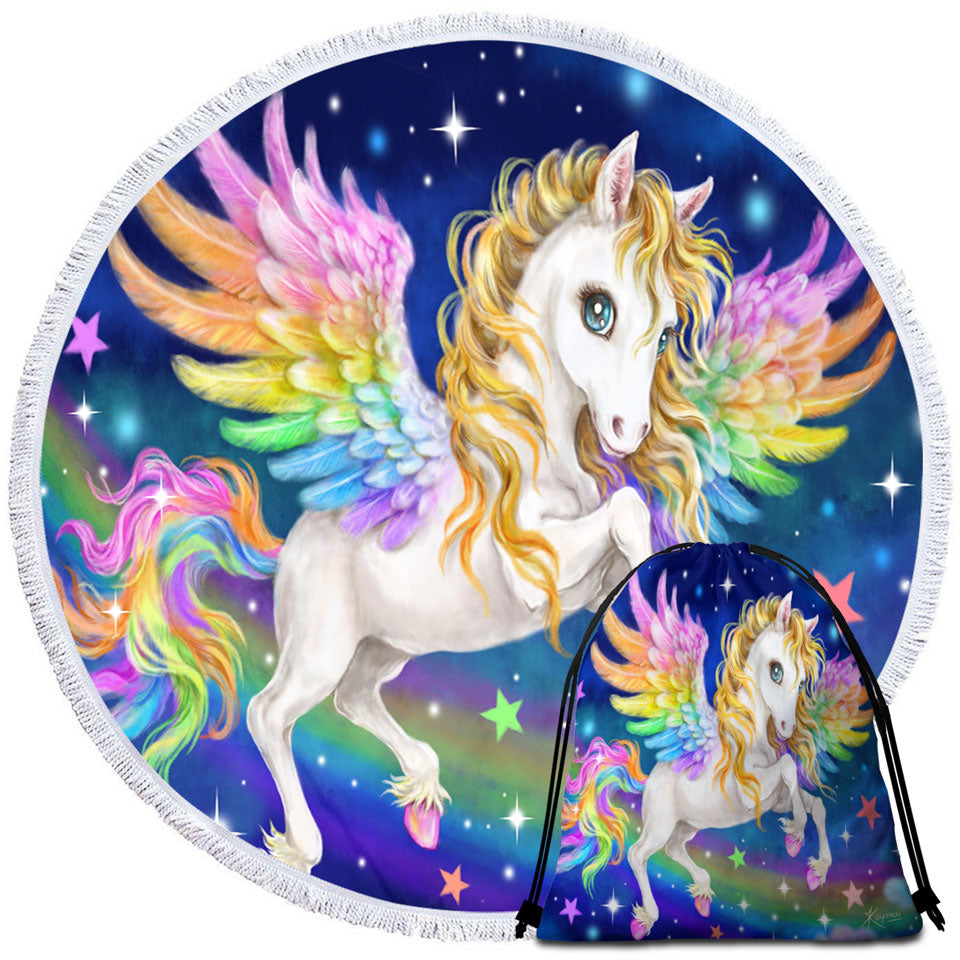 Magical Starry Night Colorful Rainbow Pegasus Round Beach Towel