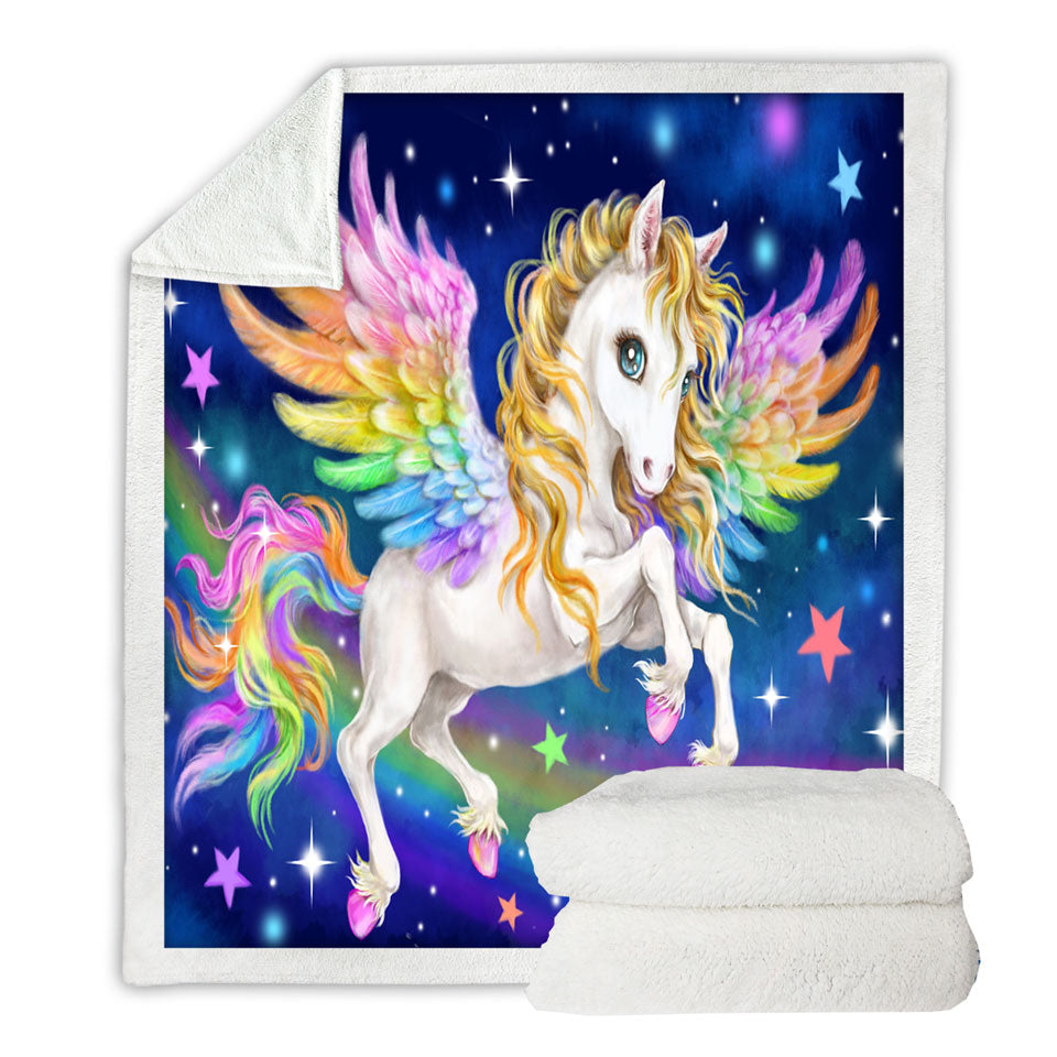 Magical Starry Night Colorful Rainbow Pegasus Sherpa Blanket