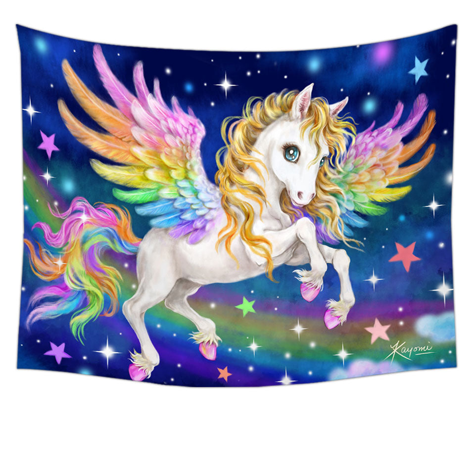Magical Starry Night Colorful Rainbow Pegasus Tapestry