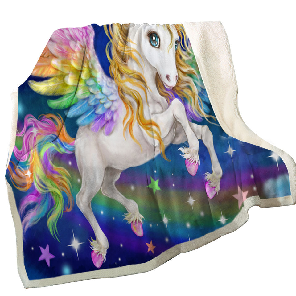 Magical Starry Night Colorful Rainbow Pegasus Throw Blanket
