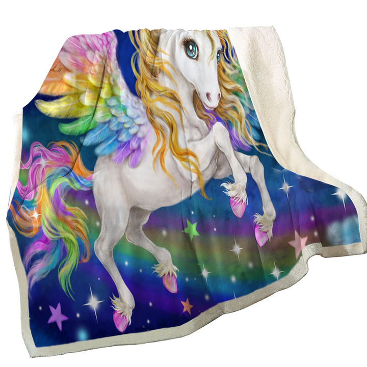 Magical Starry Night Colorful Rainbow Pegasus Throw Blanket