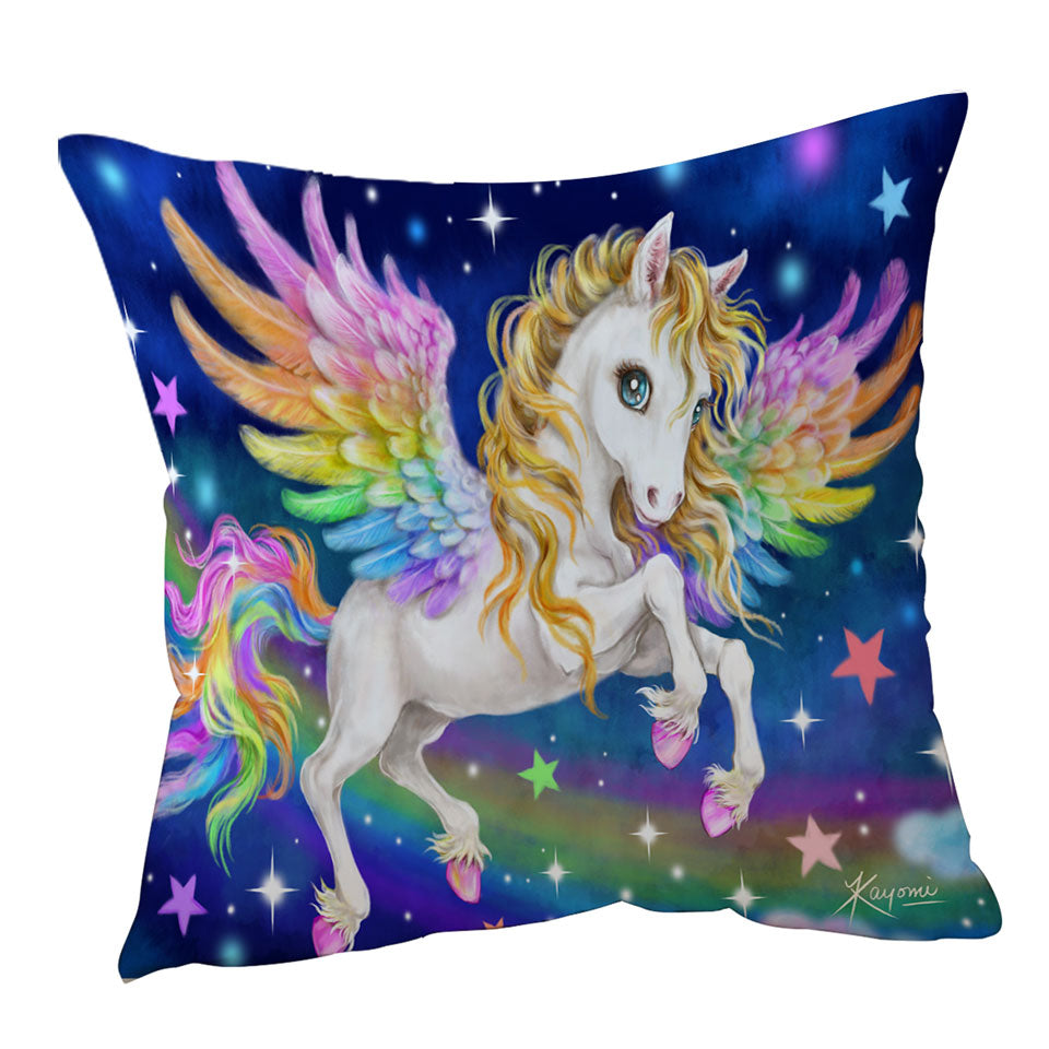 Magical Starry Night Colorful Rainbow Pegasus Throw Pillow