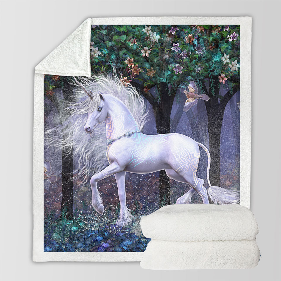 products/Magical-Throw-Blanket-White-Unicorn-and-Birds-Sacred-Grove