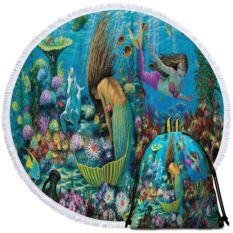 Magical Underwater Corals in the Mermaids Round Beach Towel