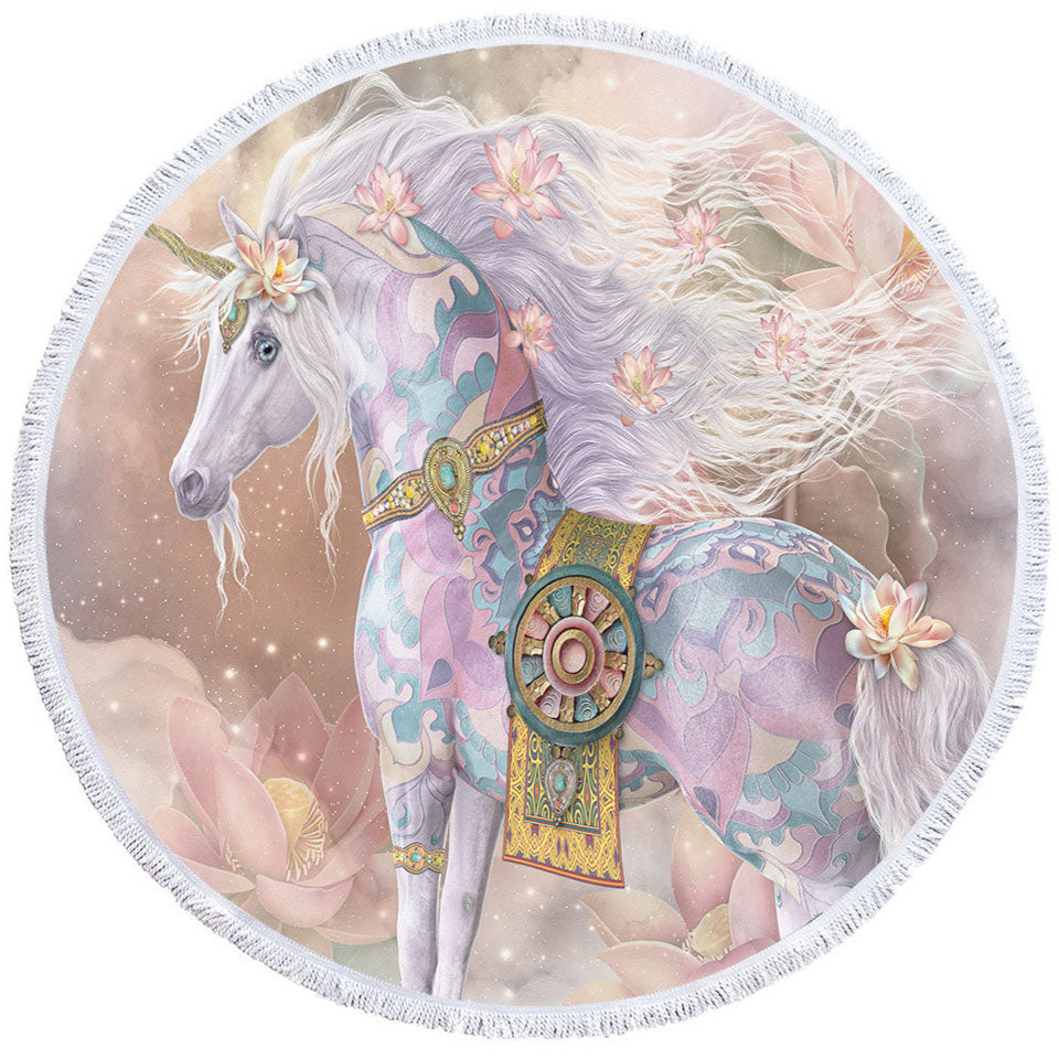 Magical Unicorn Art Pinkish Lotus Blossom Circle Beach Towel