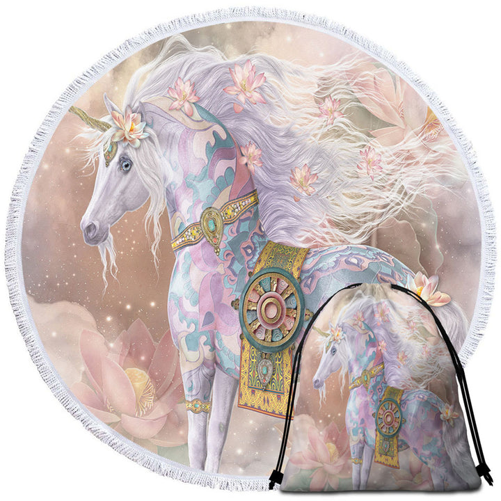 Magical Unicorn Art Pinkish Lotus Blossom Round Beach Towel
