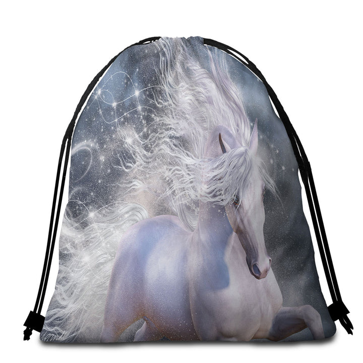 Magical Wild White Horse Beach Towel Bags
