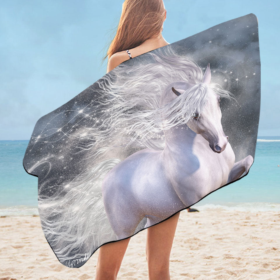 Magical Wild White Horse Microfiber Beach Towel