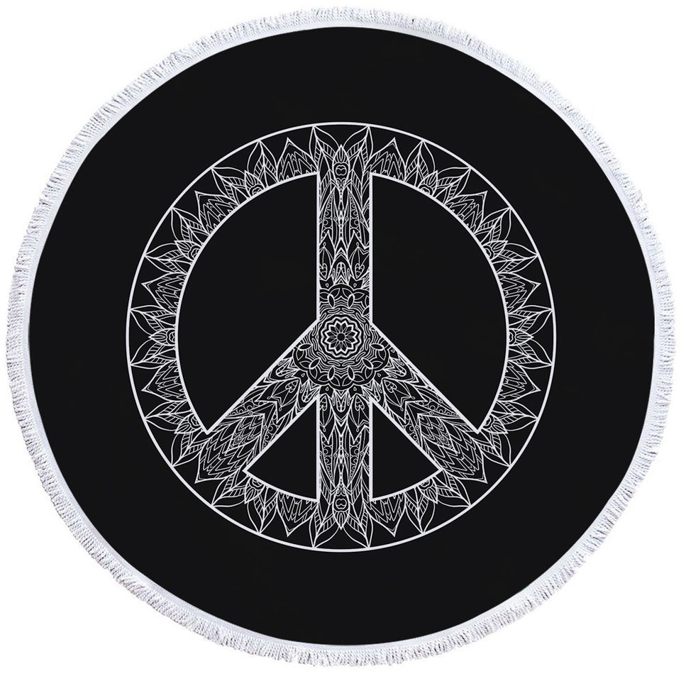 Mandala Pattern Black and White Peace Sign Beach Towels