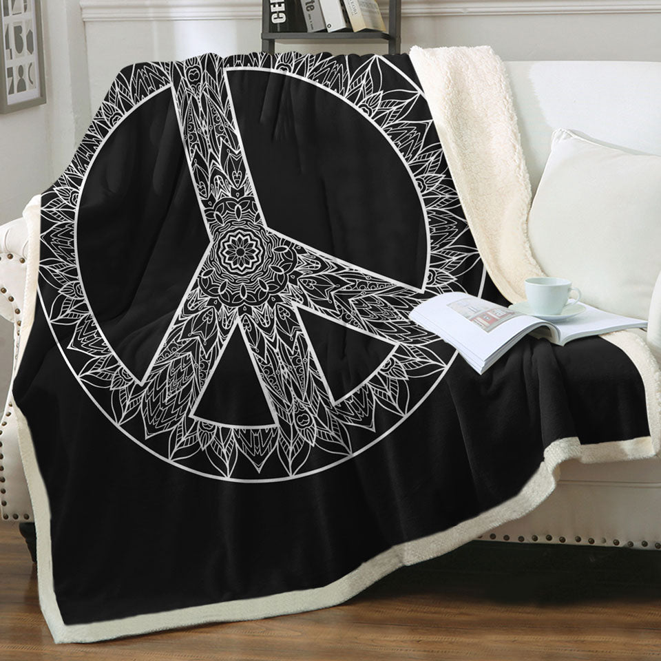 Mandala Pattern Black and White Peace Sign Fleece Blankets
