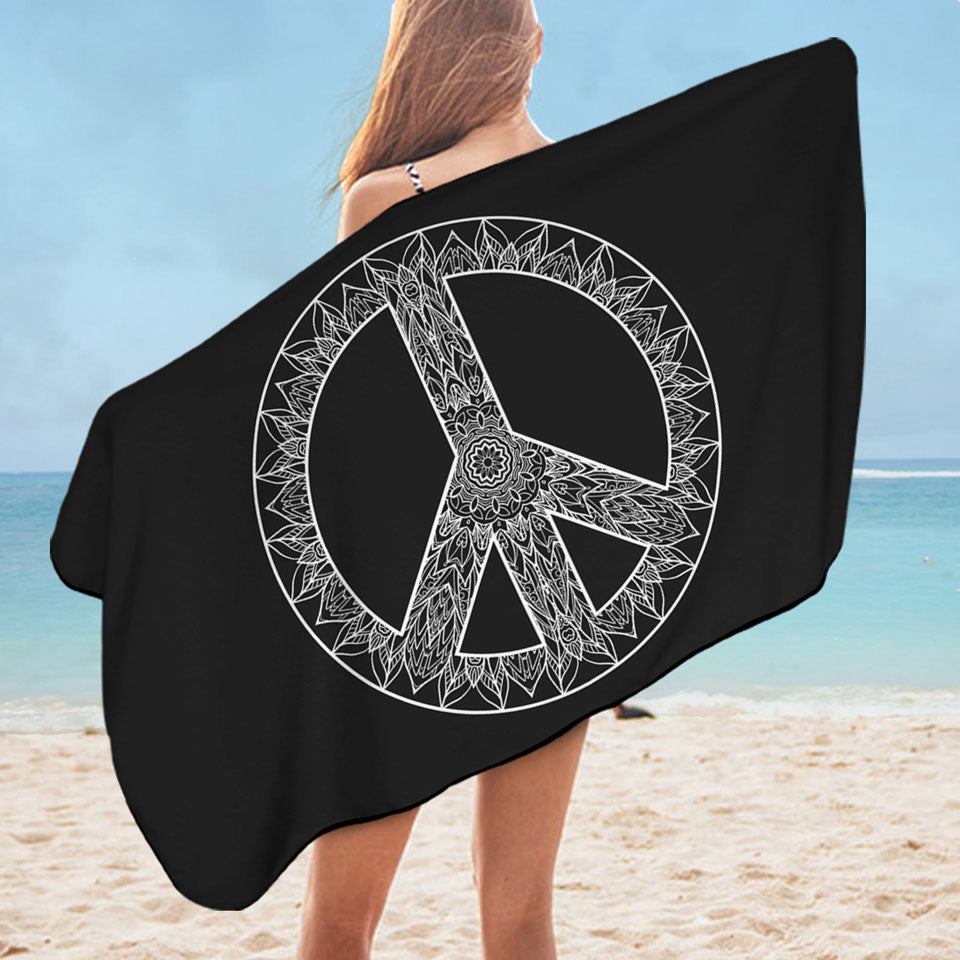 Mandala Pattern Black and White Peace Sign Microfibre Beach Towels