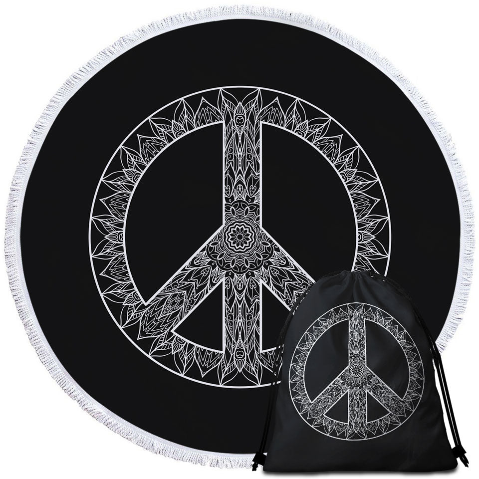 Mandala Pattern Black and White Peace Sign Round Beach Towel