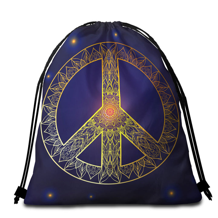 Mandala Pattern Yellow Peace Sign Beach Towel Bags