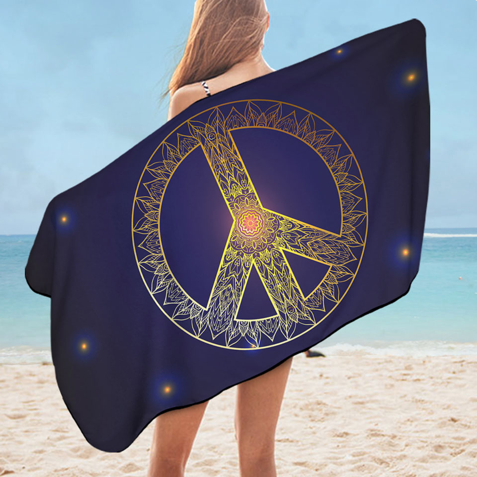 Mandala Pattern Yellow Peace Sign Microfiber Beach Towel