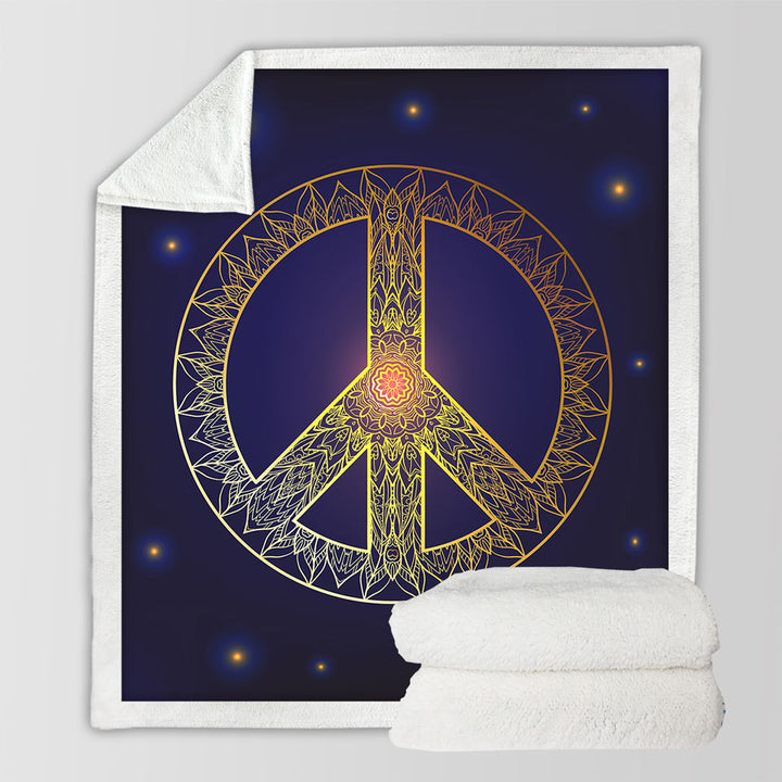 Mandala Pattern Yellow Peace Sign Sherpa Blanket